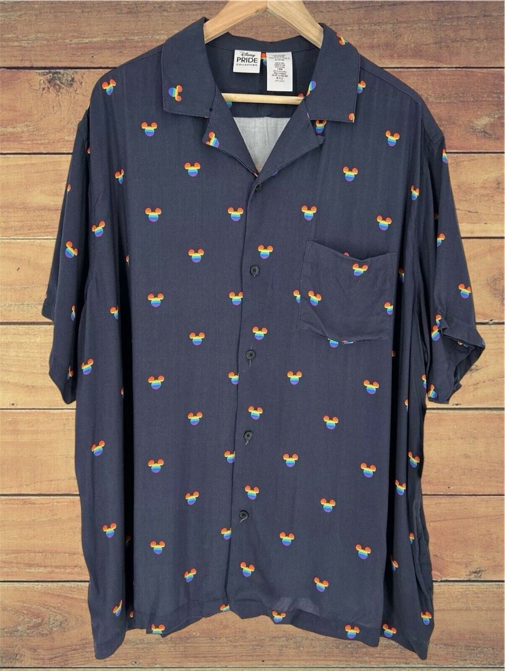 NWT Disney parks Mickey Mouse Rainbow Head Navy Blue Pride button up XXXL